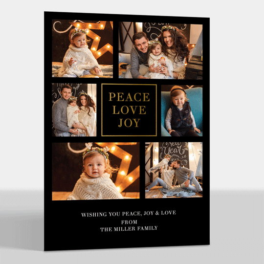 Black Peace Love Joy Gold Foil Holiday Photo Cards